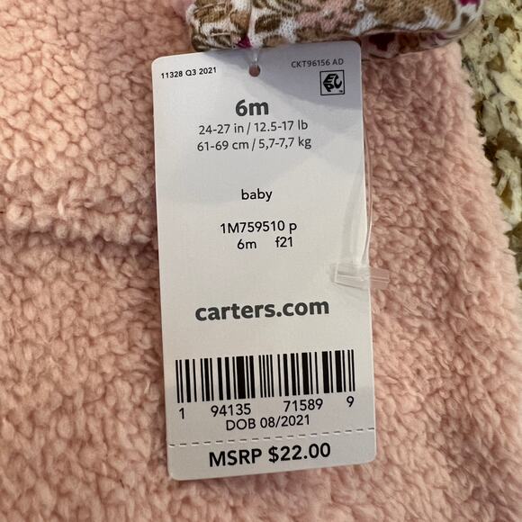 NWT Carter's Baby Girl Pink W/ Floral TrimZip-Up Sherpa Jumpsuit - SIZE 6M - Picture 9 of 10